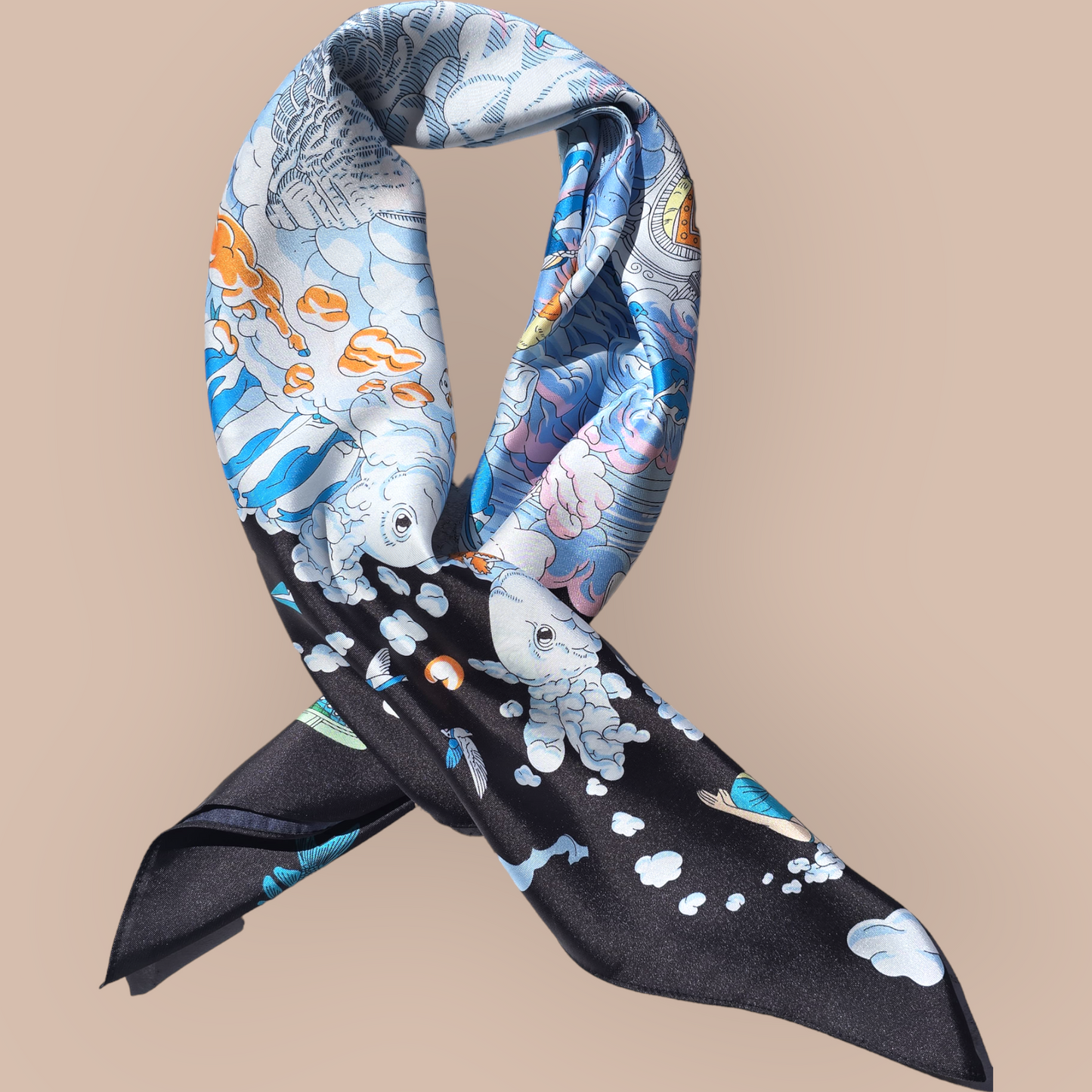 100% Satin Silk Scarf "Royaume Des Nuages"