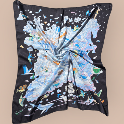 100% Satin Silk Scarf "Royaume Des Nuages"