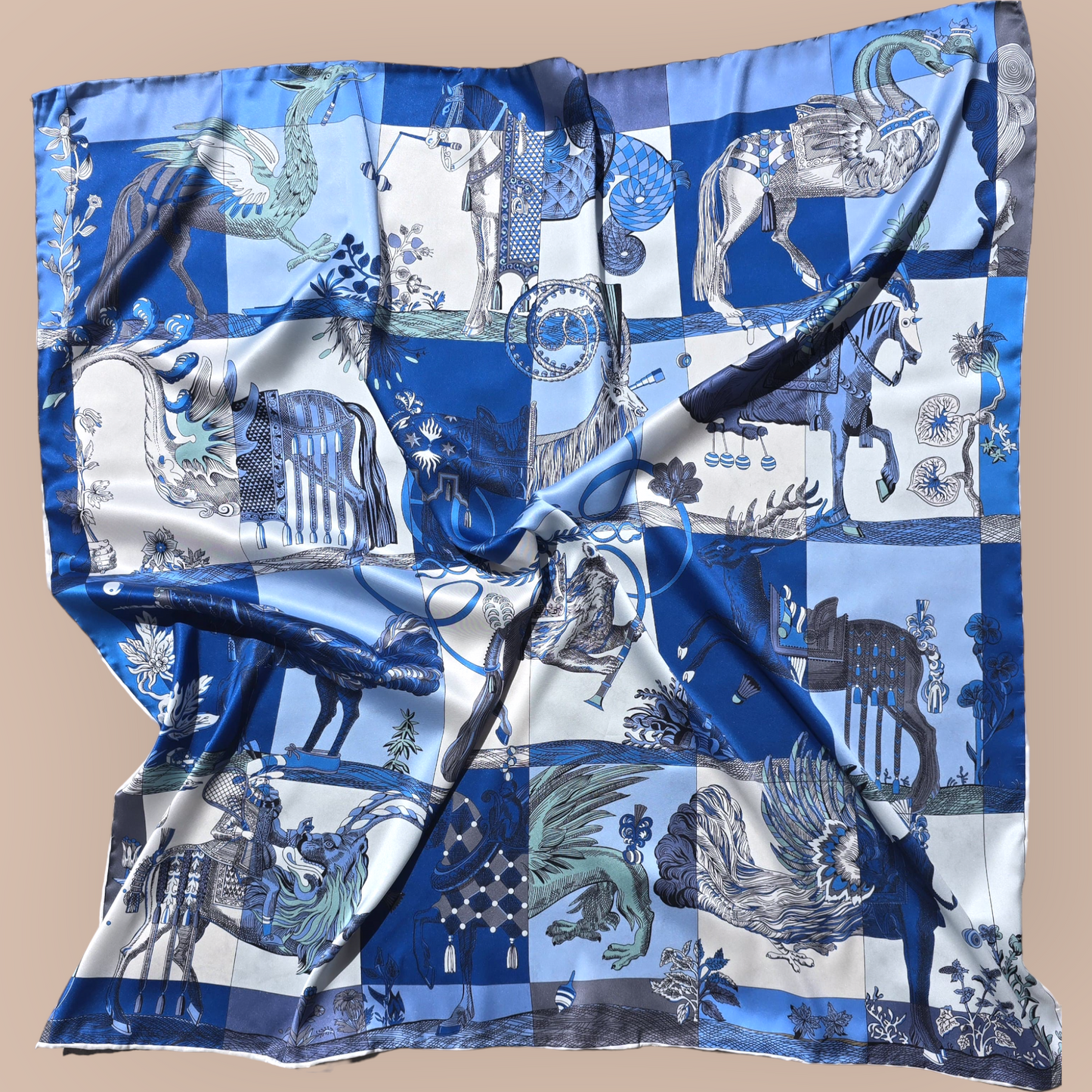 100% Twill Silk  Scarf "Medieval Animals"