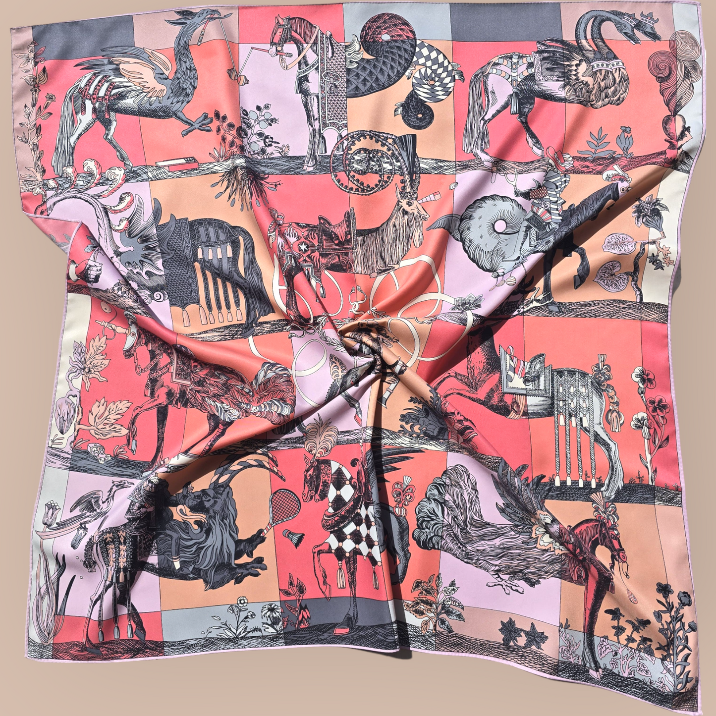 100% Twill Silk  Scarf "Medieval Animals"