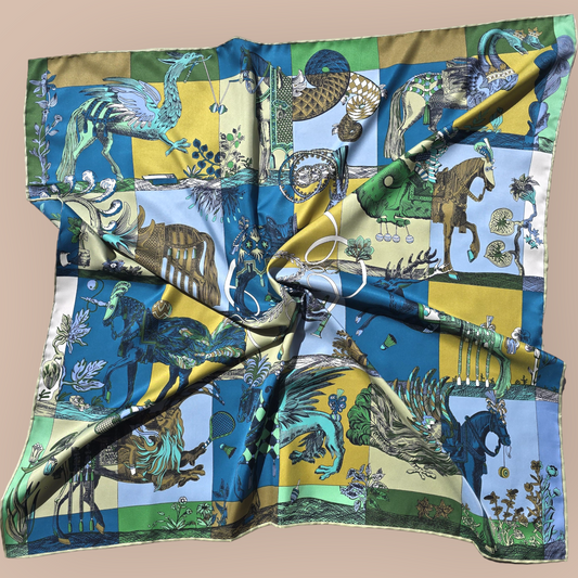 100% Twill Silk  Scarf "Medieval Animals"