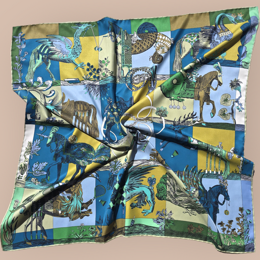 100% Twill Silk Scarf "Medieval Animals"