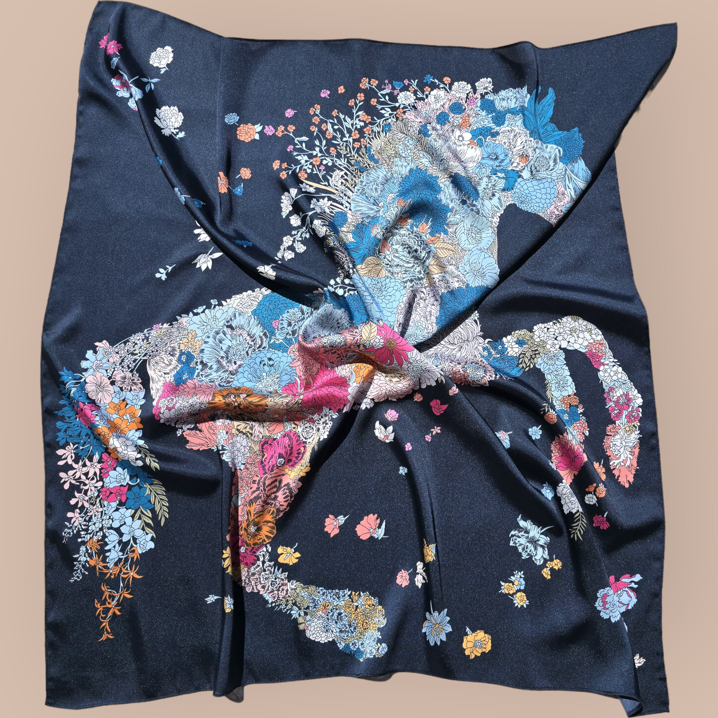 100% Satin Silk Scarf "Cheval En Fleurs"