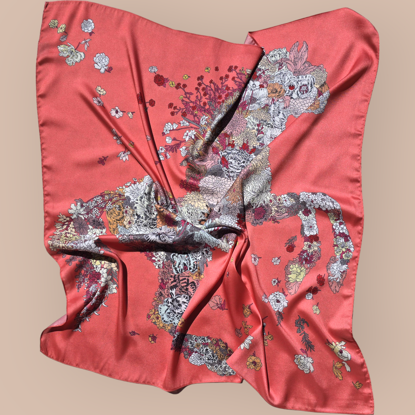 100% Satin Silk Scarf "Cheval En Fleurs"