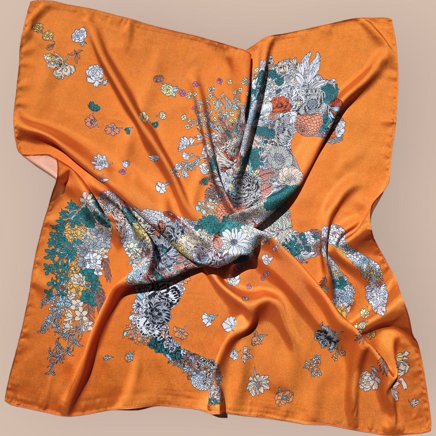 100% Satin Silk Scarf "Cheval En Fleurs"