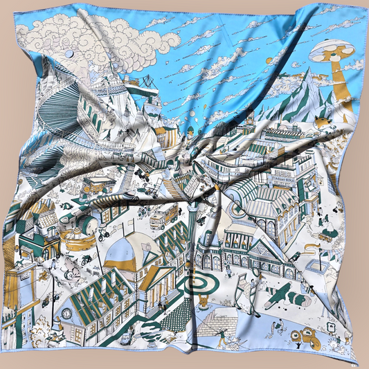 Pure Twill Silk Square Scarf 90cmx90cm "Pellucidar City"