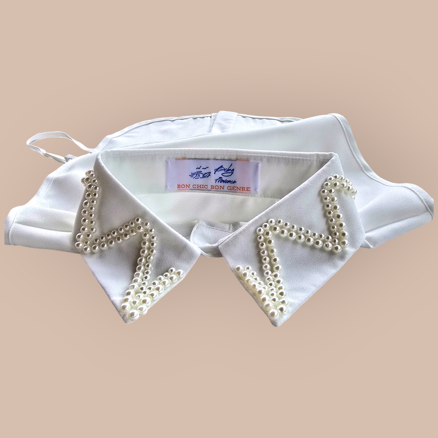 White Faux Collar Shirt  Embroidered With Pearls For Woman