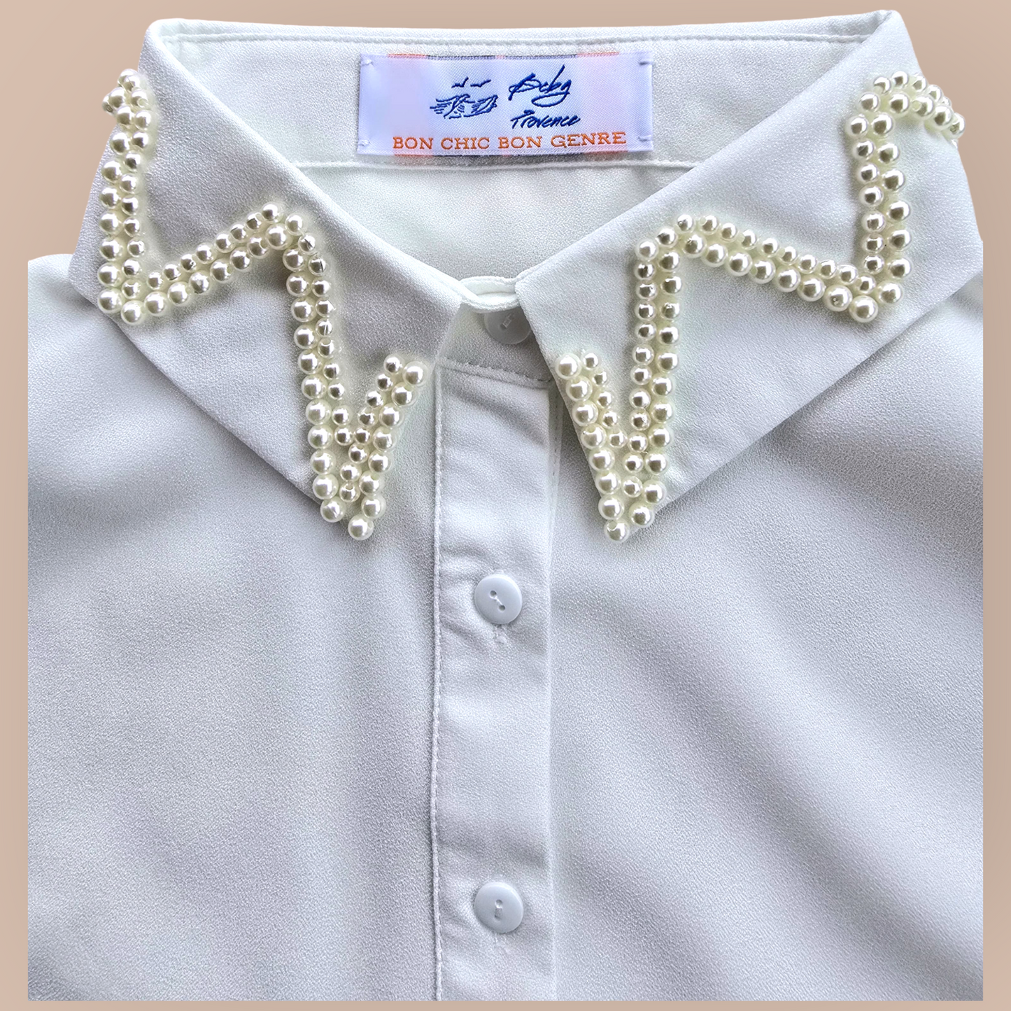 White Faux Collar Shirt  Embroidered With Pearls For Woman