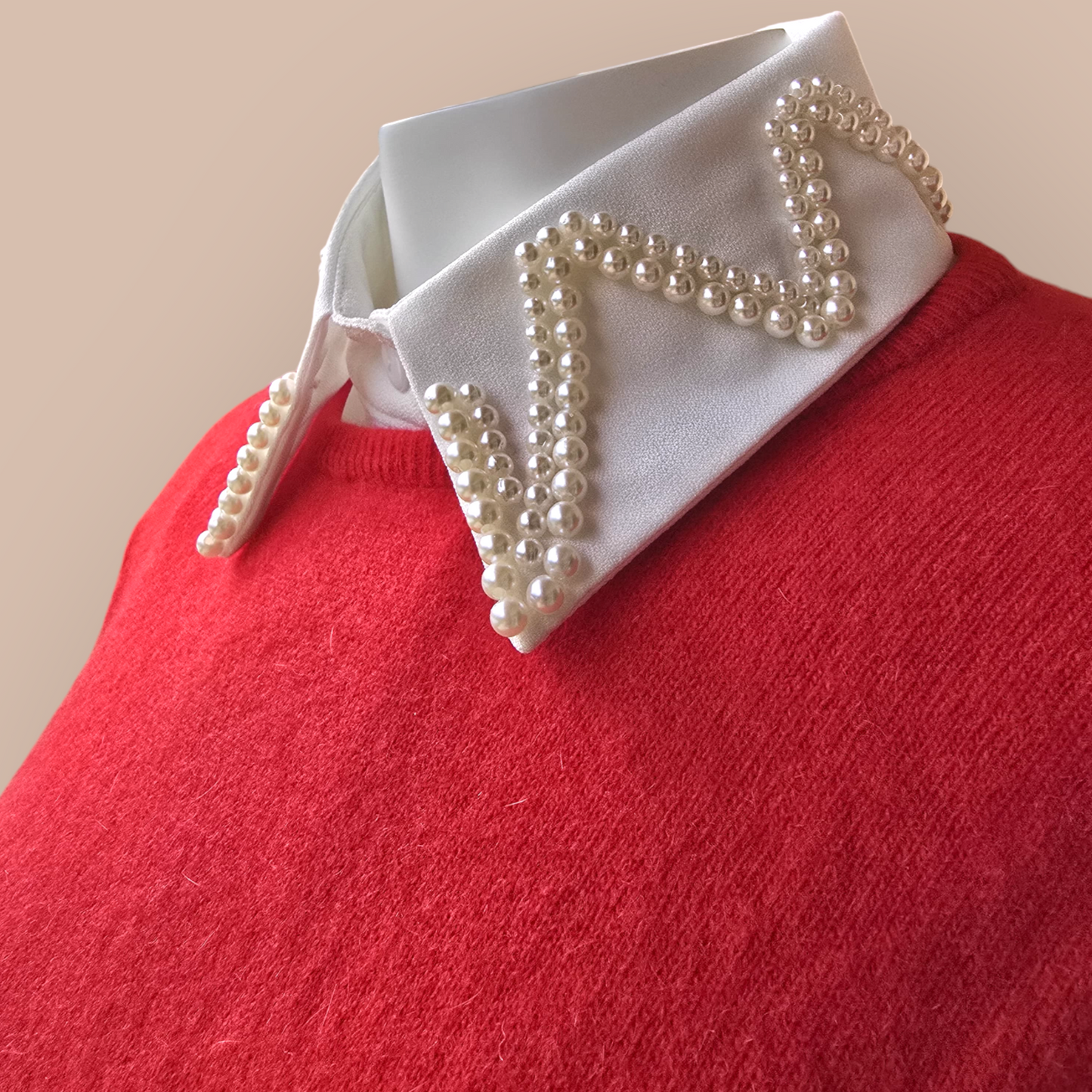 White Faux Collar Shirt  Embroidered With Pearls For Woman