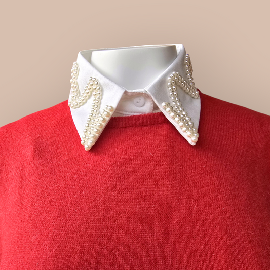 White Faux Collar Shirt  Embroidered With Pearls For Woman