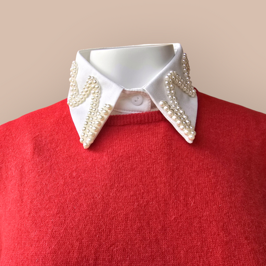 White Faux Collar Shirt Embroidered With Pearls For Woman