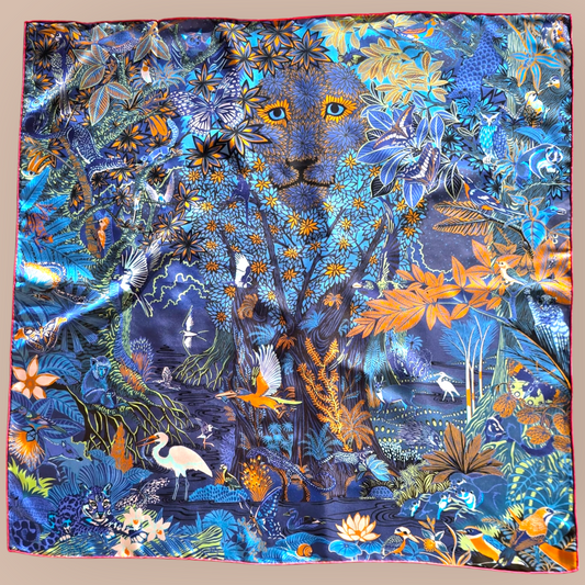 Luxury Double Sided Silk Twill Scarf "Tigre Dans La Forêt"