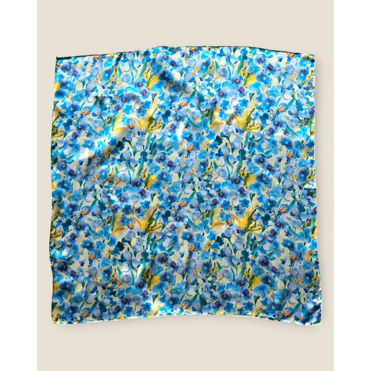 Pure Mulberry Silk Square Scarf "Le souffle de Myosotis"