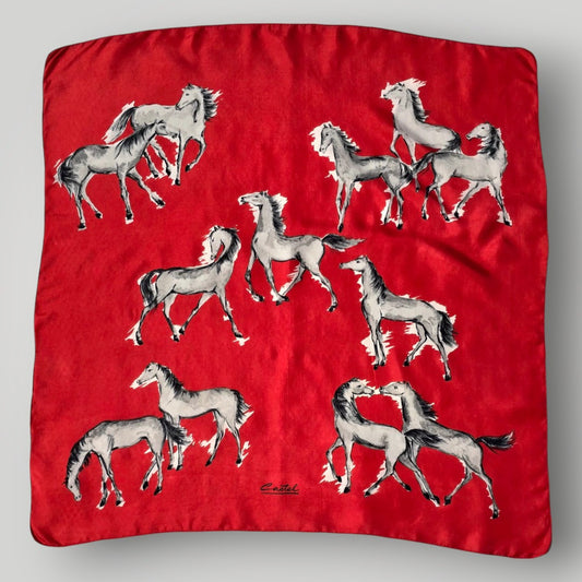 Vintage Collectible Pure Mulberry Silk Red Scarf Brand CASTEL Hand Rolled edges 1960s