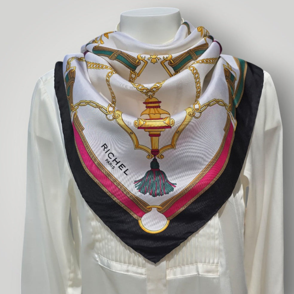 Vintage Collectible Pure Twill Silk Scarf Brand RICHEL Paris Hand Rolled edges 1970s