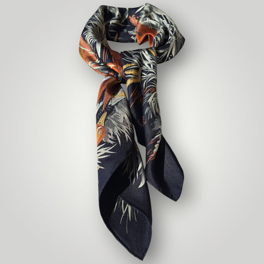 Vintage Pure Twill Silk Square French Scarf Mallard Duck Pond Motif ,1980s