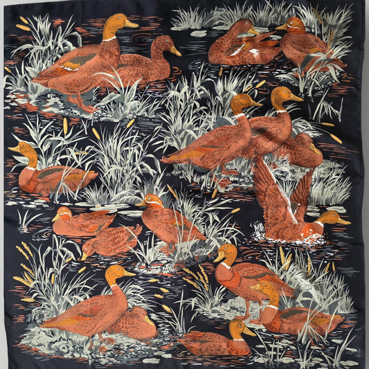 Vintage Pure Twill Silk Square French Scarf Mallard Duck Pond Motif ,1980s