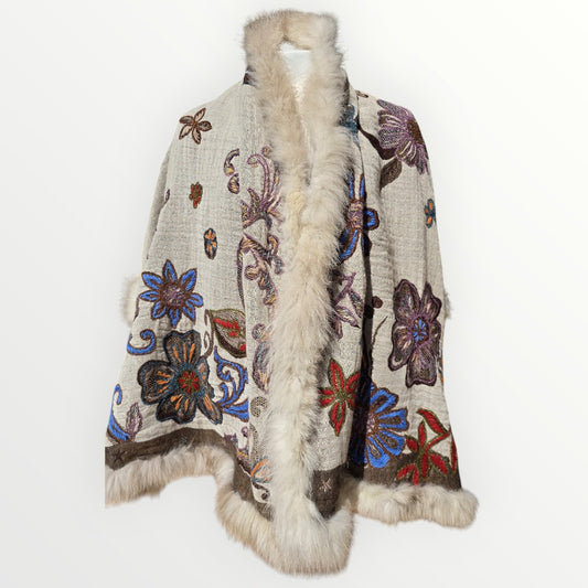 Hand Made 100% Wool Shawl With Fur Edges Trim