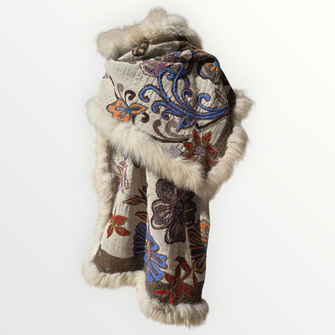 Hand Made 100% Wool Shawl With Fur Edges Trim
