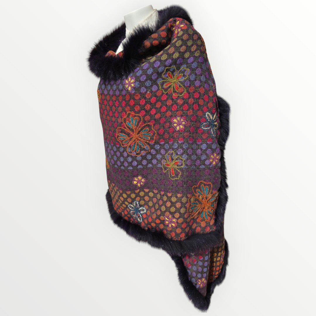Hand Made 100% Wool Shawl With Fur Edges Trim