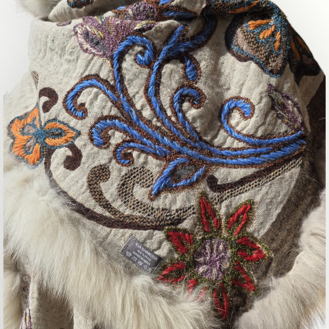 Hand Made 100% Wool Shawl With Fur Edges Trim