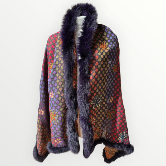 Hand Made 100% Wool Shawl With Fur Edges Trim