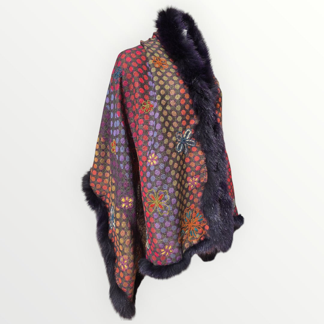 Hand Made 100% Wool Shawl With Fur Edges Trim