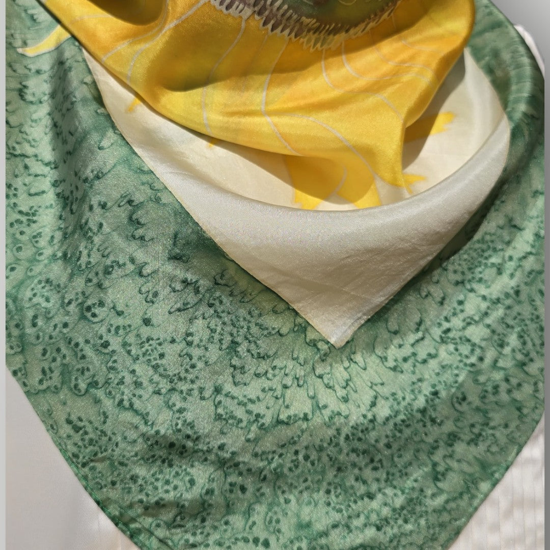 Vintage Hand-Painted Silk Scarf Sunflower Floral Art ,Signed, French Provenance