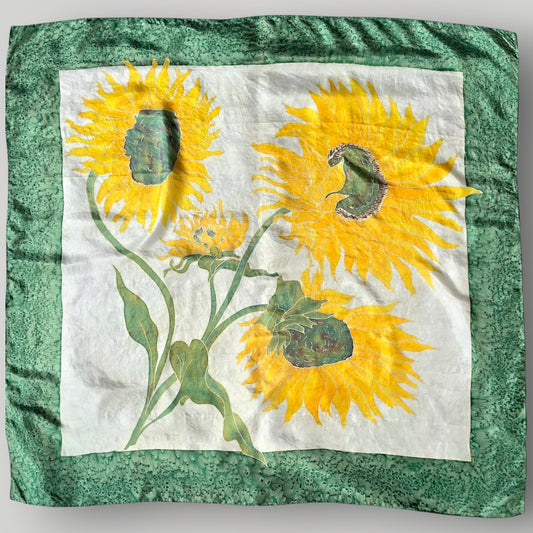 Vintage Hand-Painted Silk Scarf Sunflower Floral Art ,Signed, French Provenance