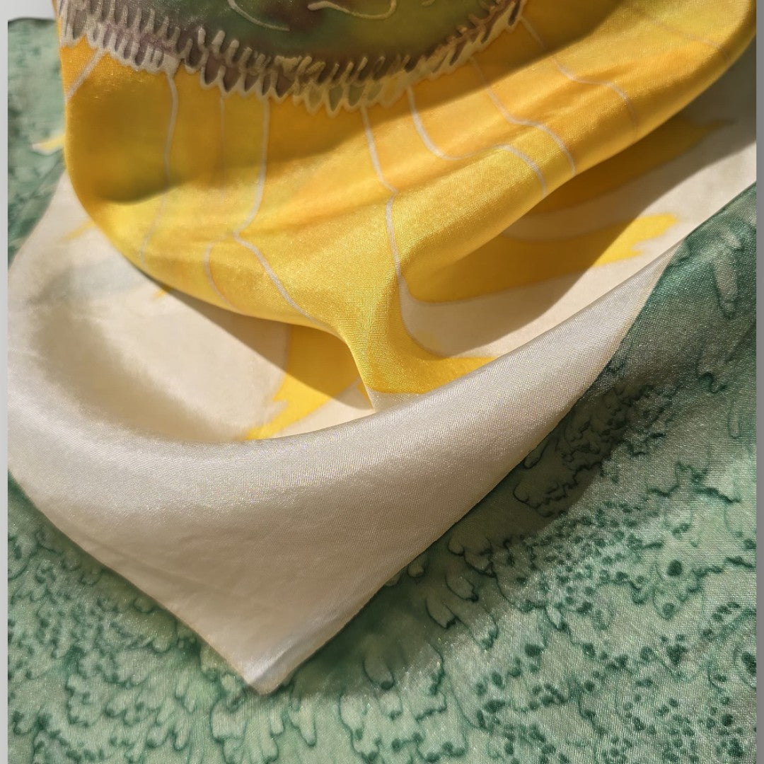 Vintage Hand-Painted Silk Scarf Sunflower Floral Art ,Signed, French Provenance