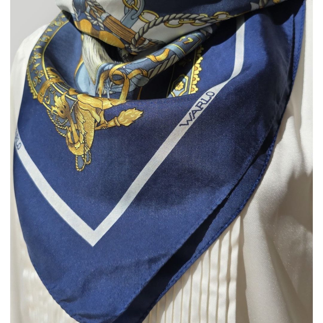 Vintage French Warlo Paris Pure Silk Scarf Hand Rolled Edges Nautical Design