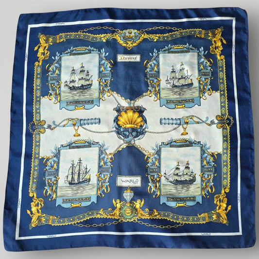 Vintage French Warlo Paris Pure Silk Scarf Hand Rolled Edges Nautical Design