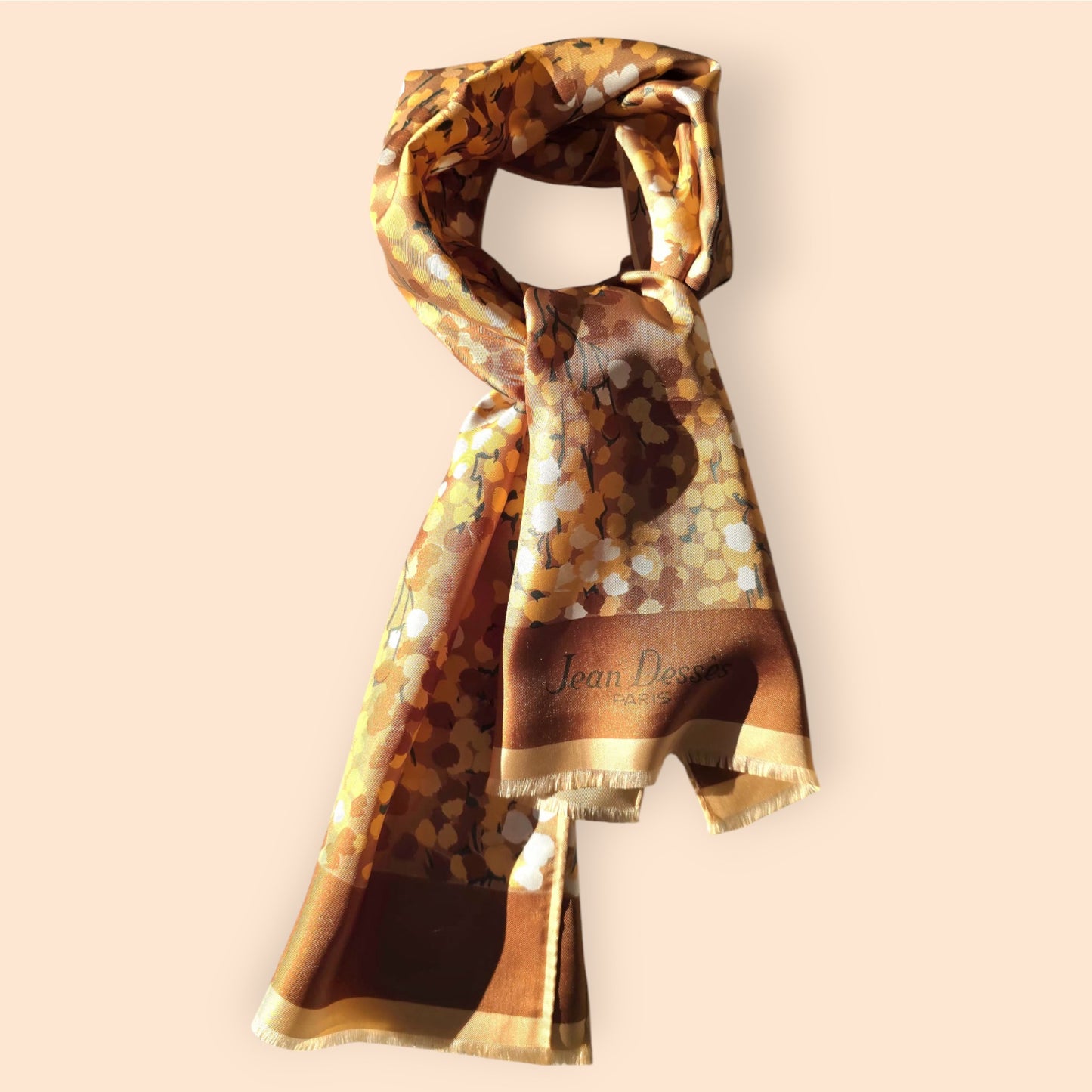 Vintage Jean Dessès Paris Pure Long Brown Beige Twill Silk Scarf , Floral Design