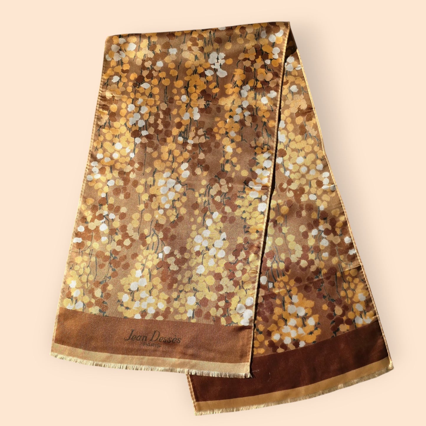 Vintage Jean Dessès Paris Pure Long Brown Beige Twill Silk Scarf , Floral Design