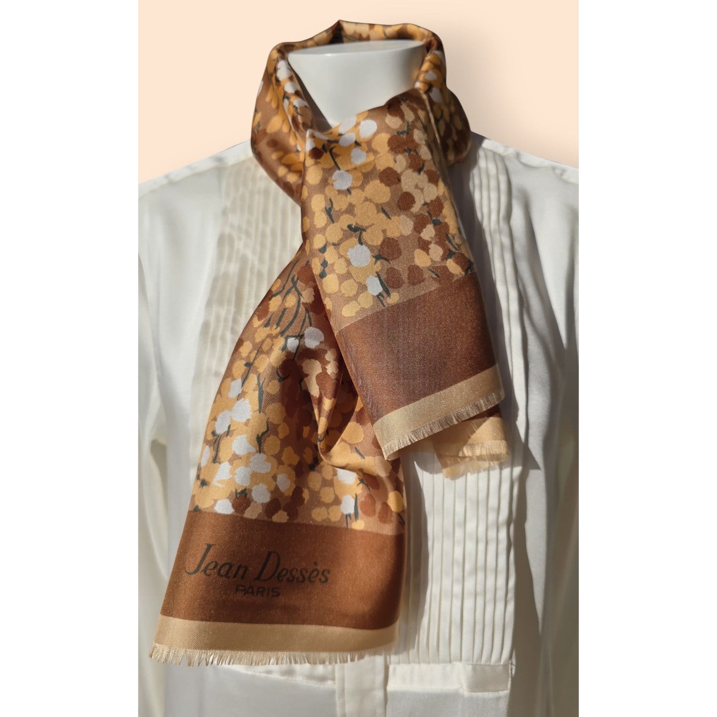 Vintage Jean Dessès Paris Pure Long Brown Beige Twill Silk Scarf , Floral Design