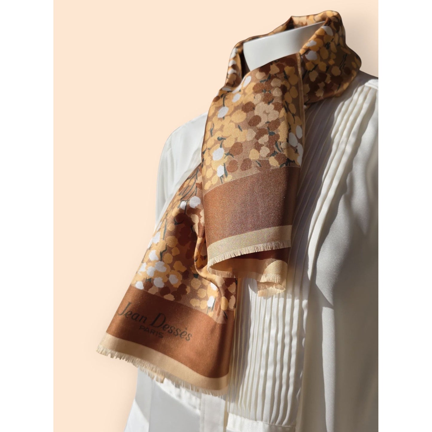 Vintage Jean Dessès Paris Pure Long Brown Beige Twill Silk Scarf , Floral Design