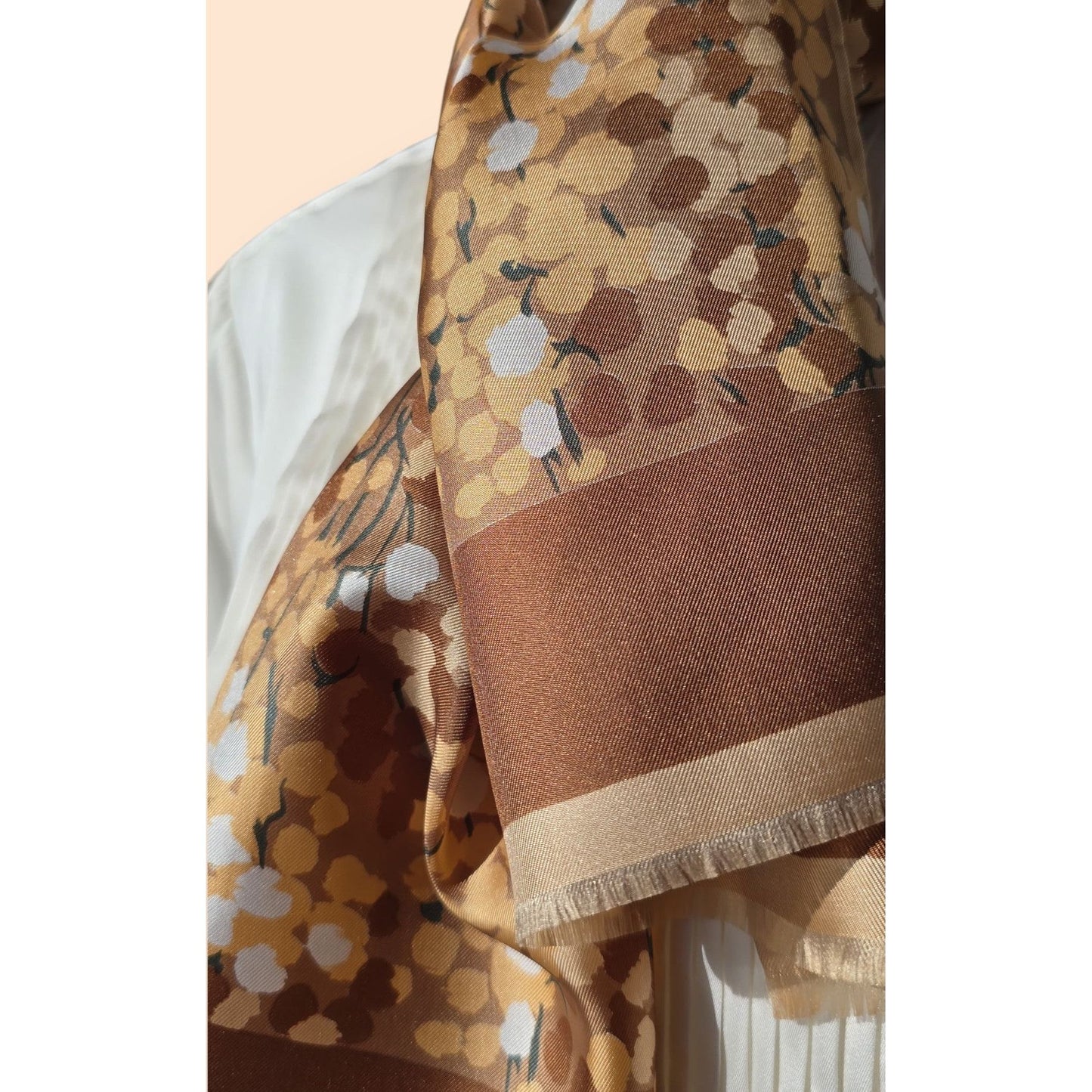 Vintage Jean Dessès Paris Pure Long Brown Beige Twill Silk Scarf , Floral Design