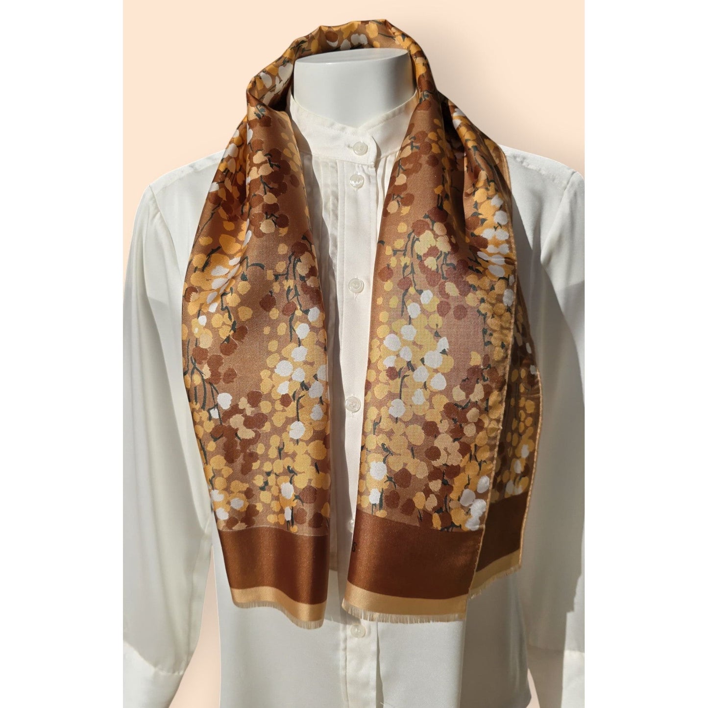 Vintage Jean Dessès Paris Pure Long Brown Beige Twill Silk Scarf , Floral Design