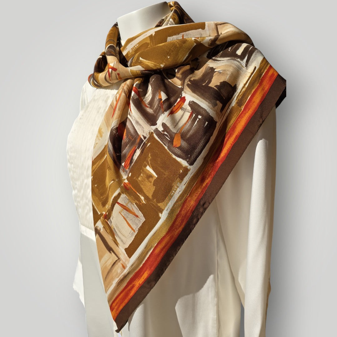 Vintage 1970s Luxury Pierre Cardin 100% Silk Square Scarf Brown Abstract Print
