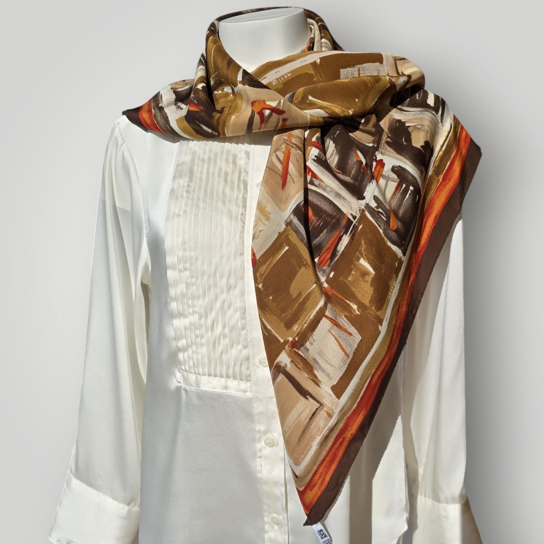 Vintage 1970s Luxury Pierre Cardin 100% Silk Square Scarf Brown Abstract Print