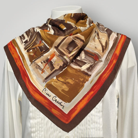 Vintage 1970s Luxury Pierre Cardin 100% Silk Square Scarf Brown Abstract Print