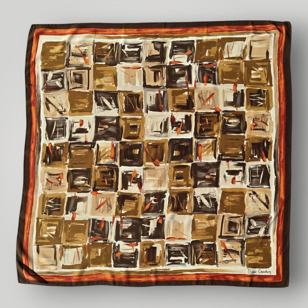 Vintage 1970s Luxury Pierre Cardin 100% Silk Square Scarf Brown Abstract Print