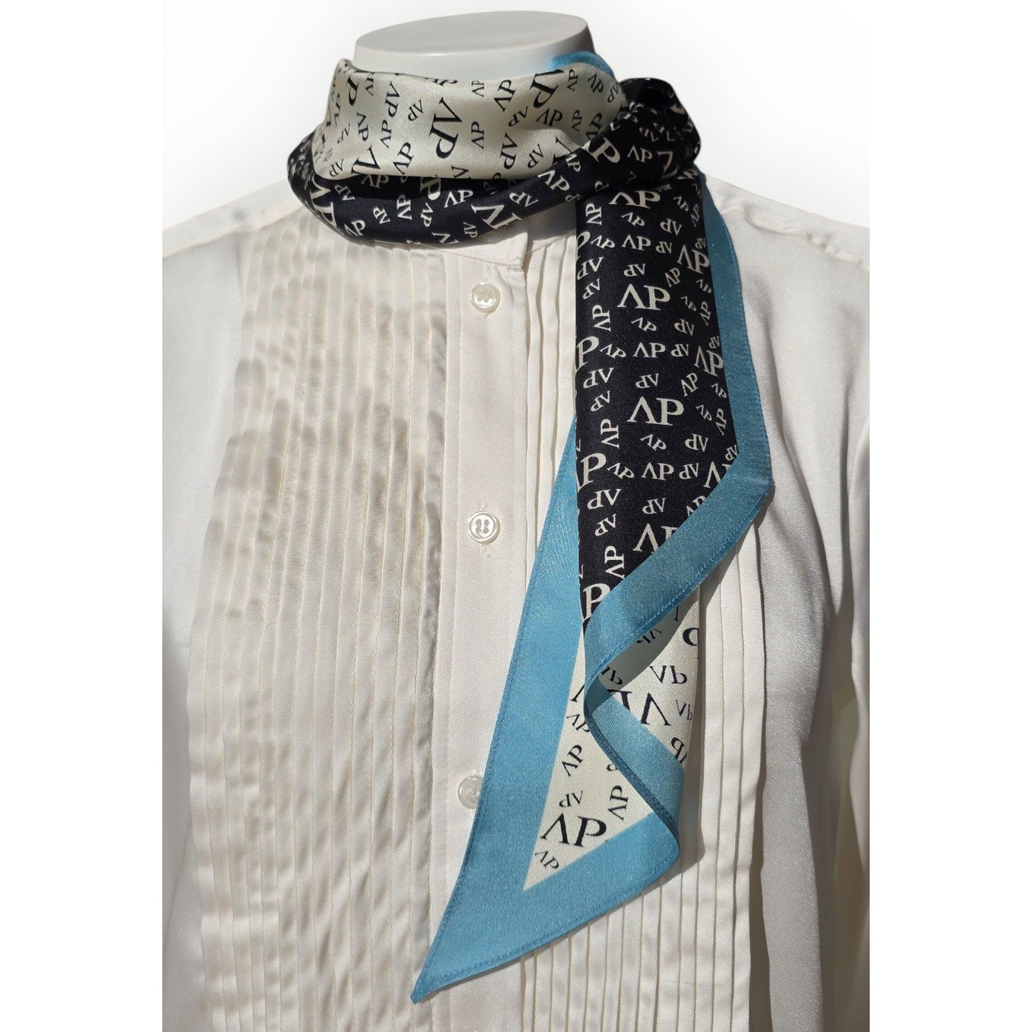 Vintage Avant-Première Silk Scarf Blue Black White Logo Pattern 100% Silk 1980s