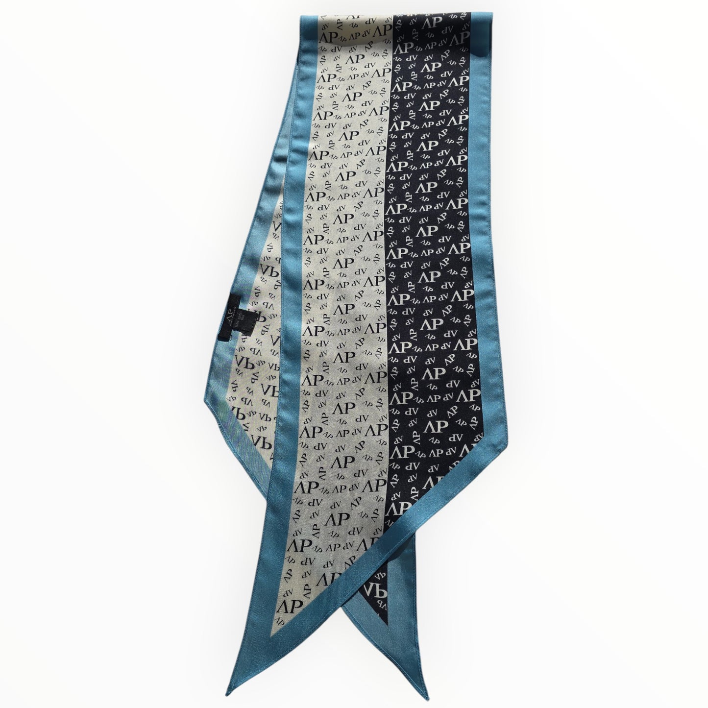 Vintage Avant-Première Silk Scarf Blue Black White Logo Pattern 100% Silk 1980s