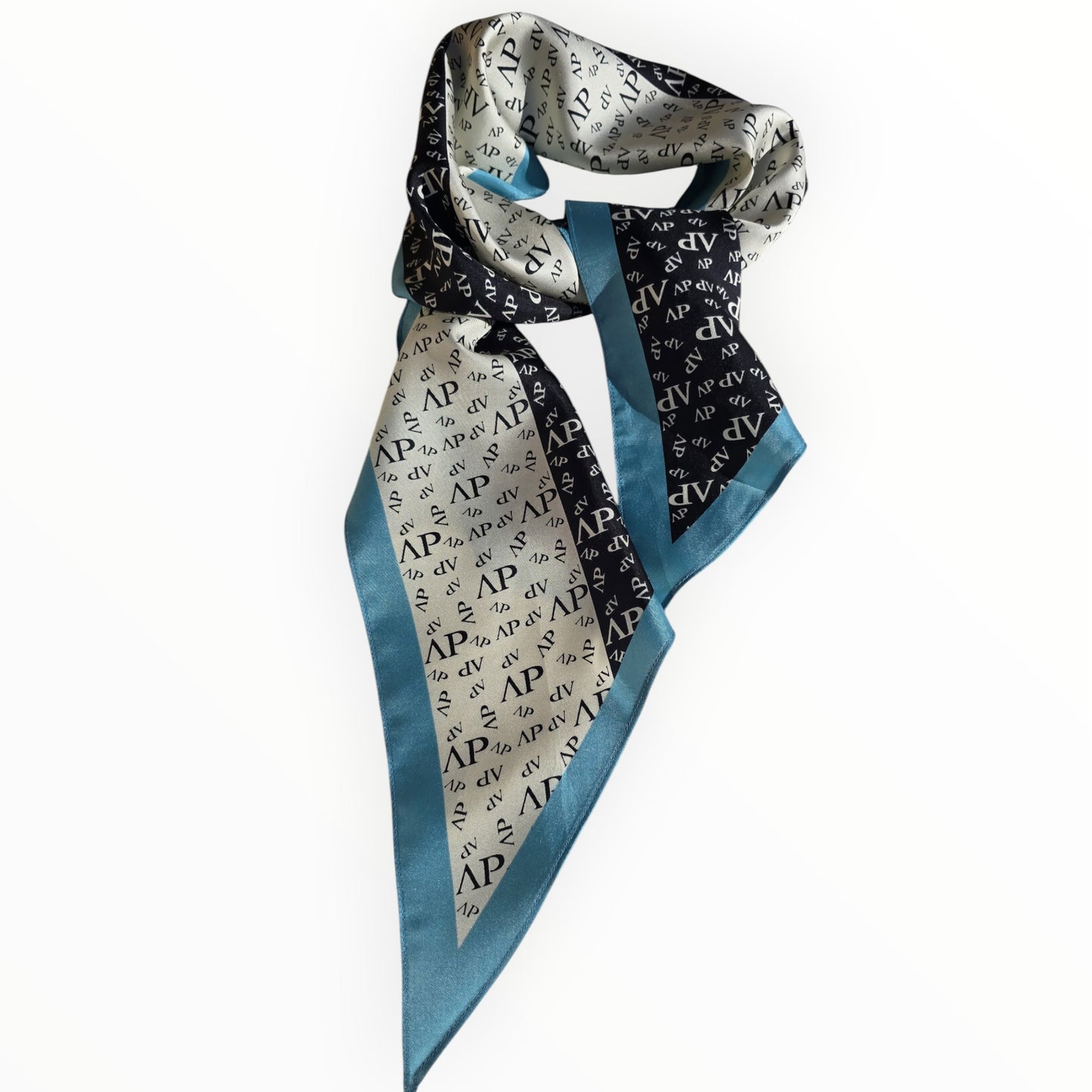 Vintage Avant-Première Silk Scarf Blue Black White Logo Pattern 100% Silk 1980s