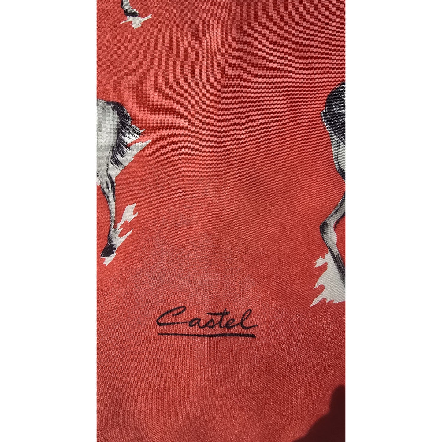 Vintage Collectible Pure Mulberry Silk Red Scarf Brand CASTEL Hand Rolled edges 1960s