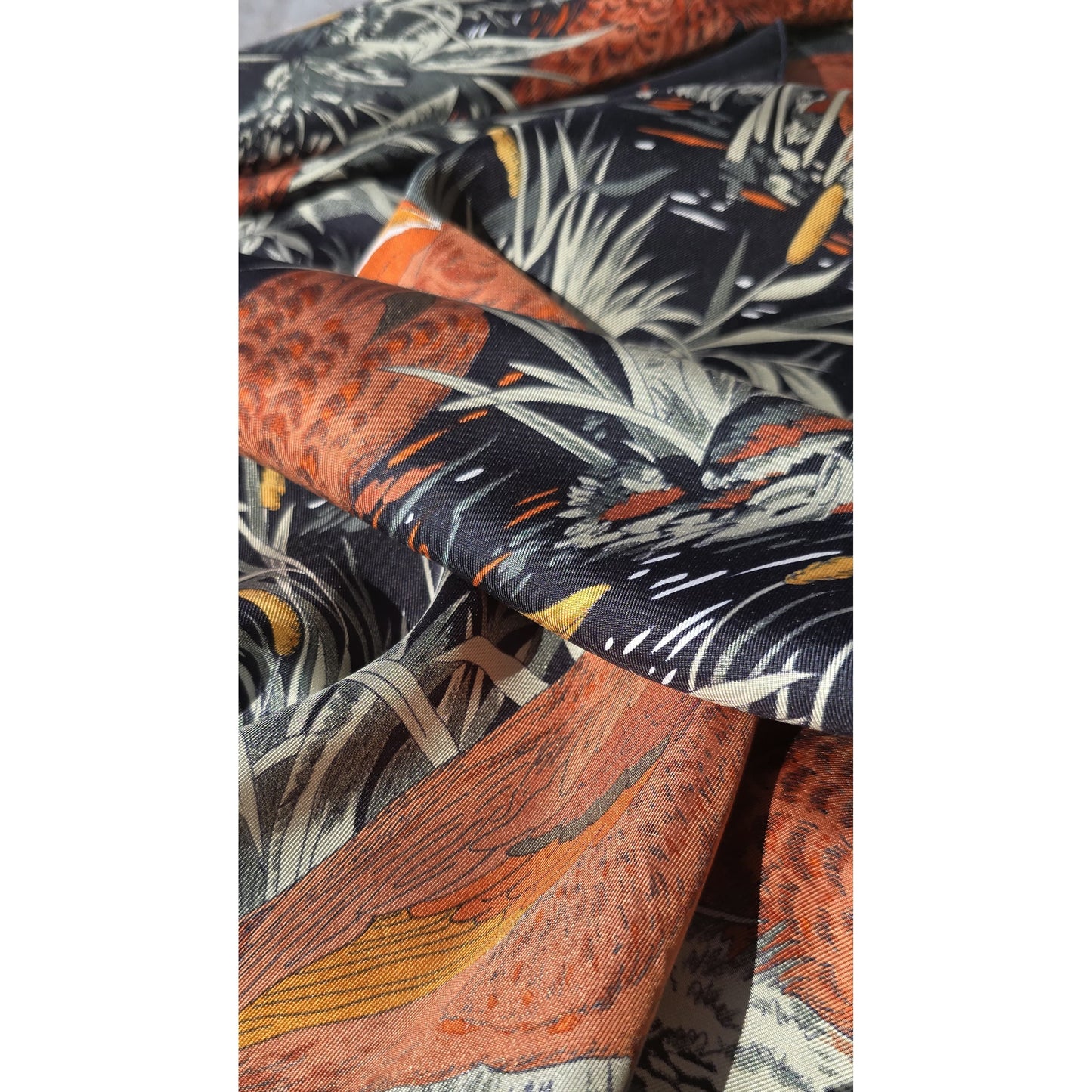 Vintage Pure Twill Silk Square French Scarf Mallard Duck Pond Motif ,1980s
