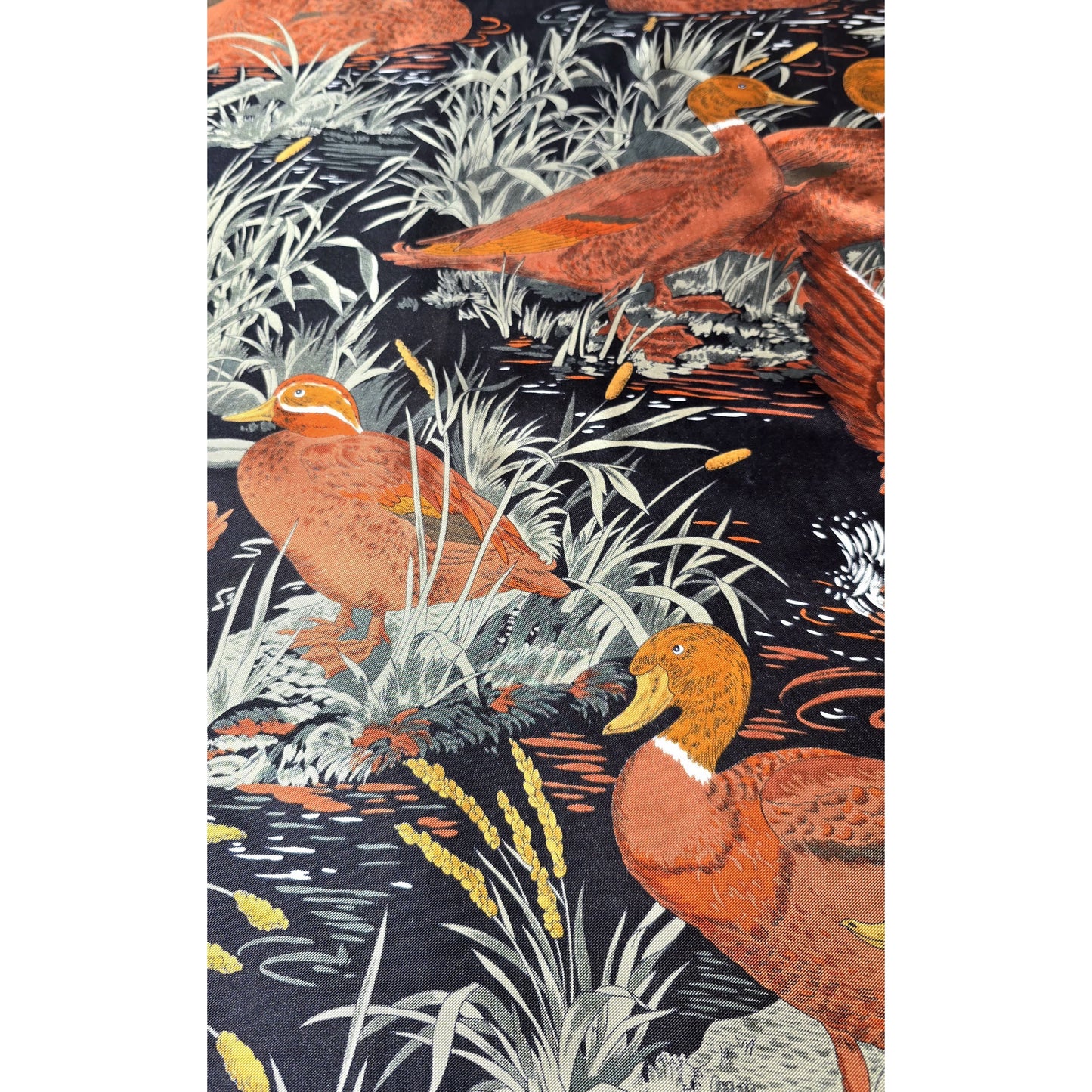 Vintage Pure Twill Silk Square French Scarf Mallard Duck Pond Motif ,1980s