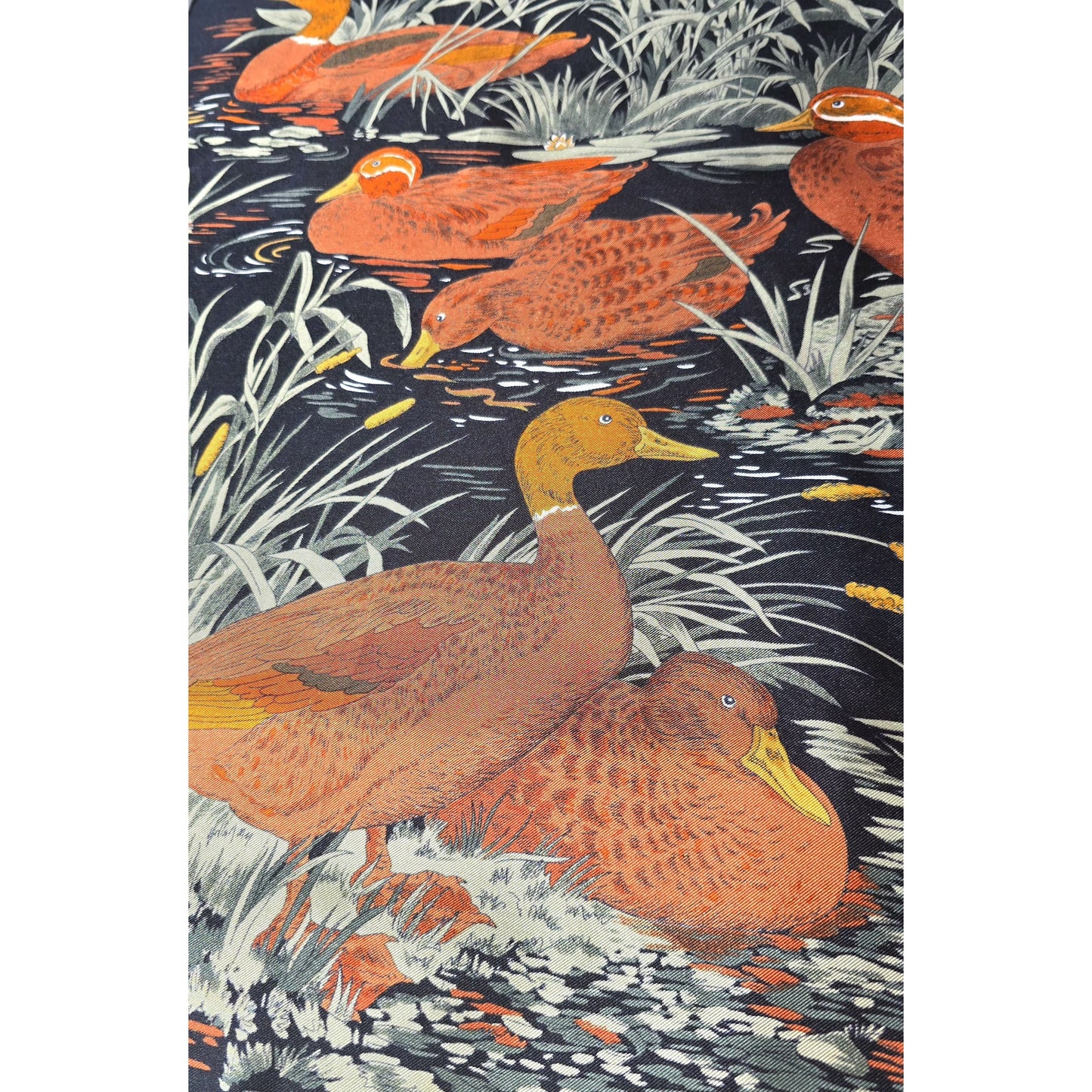 Vintage Pure Twill Silk Square French Scarf Mallard Duck Pond Motif ,1980s