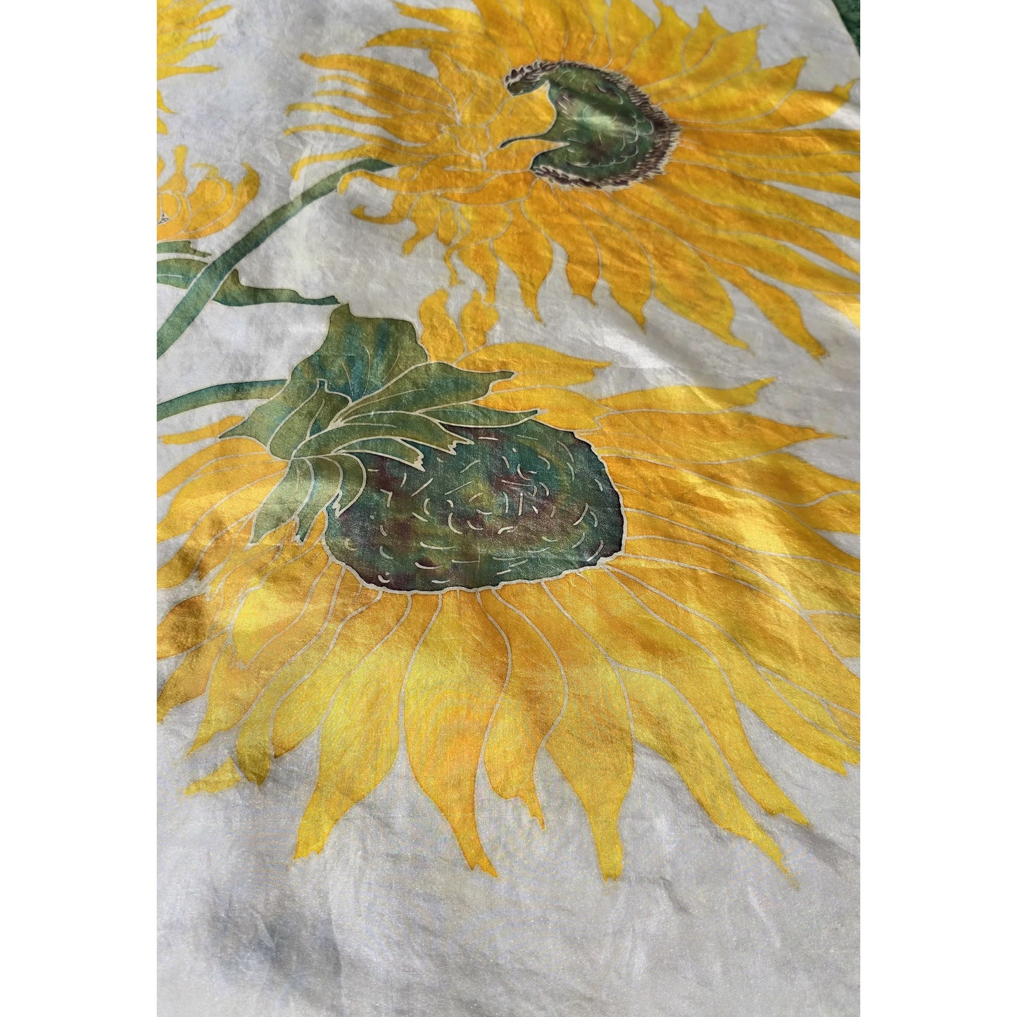 Vintage Hand-Painted Silk Scarf Sunflower Floral Art ,Signed, French Provenance